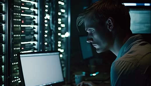 Portrait Ingénieur système travaillant sur son ordinateur portable en salle machine