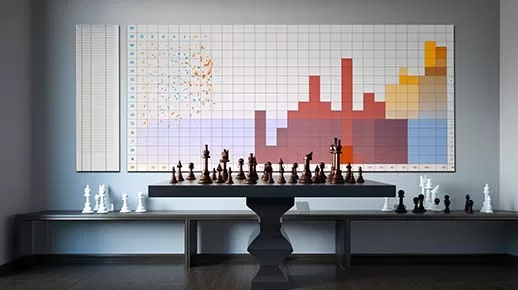 table de jeu d'echec avec un graphique en croissance affiché au mur.